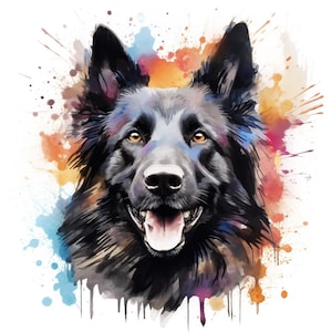Rainbow Splatter German Shepherd Panel | Printed Fabric | Natural Panama | Quilting Cotton