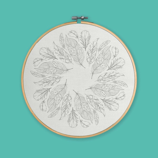 Feather Embroi-doodle | Hand Embroidery | Printed Fabric | Repeated Pattern | Needlepoint