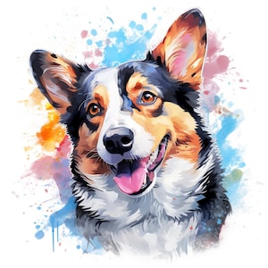 May include: A watercolour painting of a corgi dog with black, white and brown fur. The dog is smiling with its tongue sticking out. The background is a colourful watercolour wash of blue, pink and orange.
