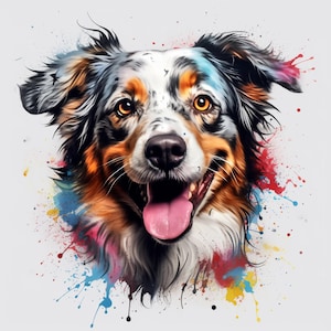 Regenboogspattend paneel Australische herder | Bedrukte stof | Natuurlijk Panama | Quiltkatoen