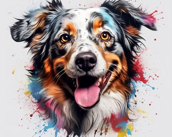 Rainbow Splatter Australian Shepherd Panel | Printed Fabric | Natural Panama | Quilting Cotton