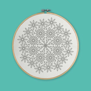 Può includere: Un cerchio da ricamo bianco con un motivo floreale grigio. Il motivo presenta un motivo ripetitivo di fiori stilizzati.