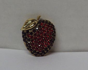 Vintage Monet Red Rhinestone Apple Brooch Signed Monet