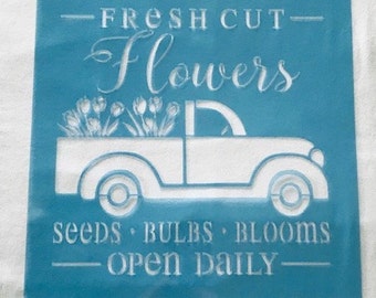 Flower Truck STENCIL for Painting Wood Signs Walls Large Spring Summer Canvas Fabric Pillows Airbrush Crafts Farm Shabby