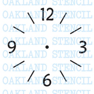 May include: A black and white clock face with Roman numerals for the hours 12, 3, 6, and 9. The clock face is surrounded by a white background with the text "OAKLAND STENCIL" repeated.