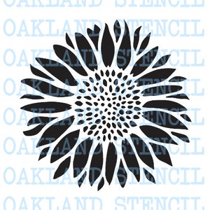 May include: Black and white silhouette of a sunflower with a large center and many petals.