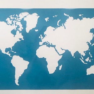 May include: A blue and white world map design. The continents are depicted in white against a blue background. The map shows the world's landmasses, including North and South America, Europe, Asia, Africa, and Australia.