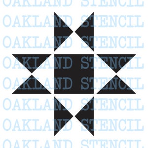 May include: Black and white geometric quilt block pattern with a square in the center and triangles surrounding it. The pattern is repeated in each quadrant of the square.