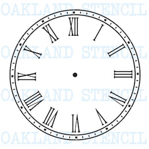 May include: Black and white clock face stencil with Roman numeral markings. The stencil is circular and has a diameter of approximately 12 inches.