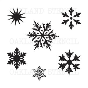 May include: Six black snowflake stencils, including a star-shaped snowflake, a snowflake with a more intricate design, and four traditional snowflake designs.