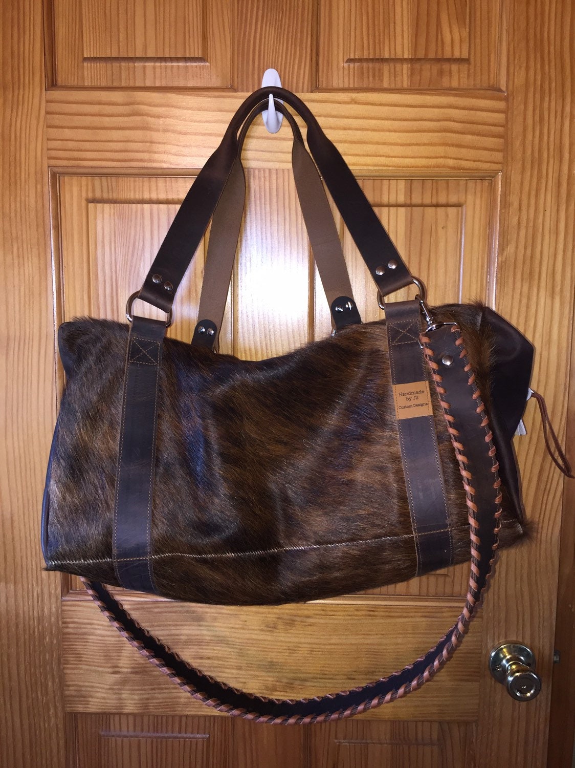 Custom made to order Cowhide and Leather Duffel Bag with Extra Strap