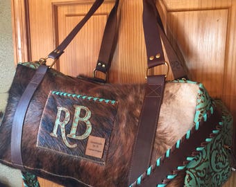 Custom made to order Cowhide and Leather Duffel Bag with Extra Strap