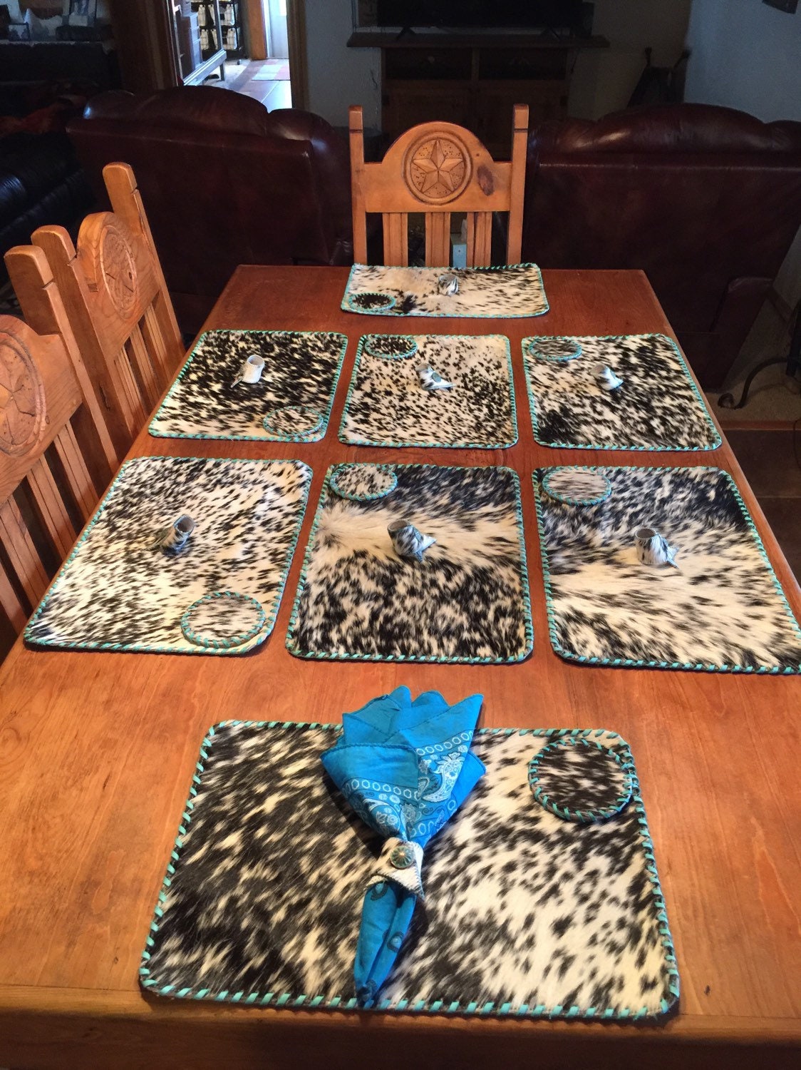 Cowhide Placemat, Coaster and Napkin Ring Set