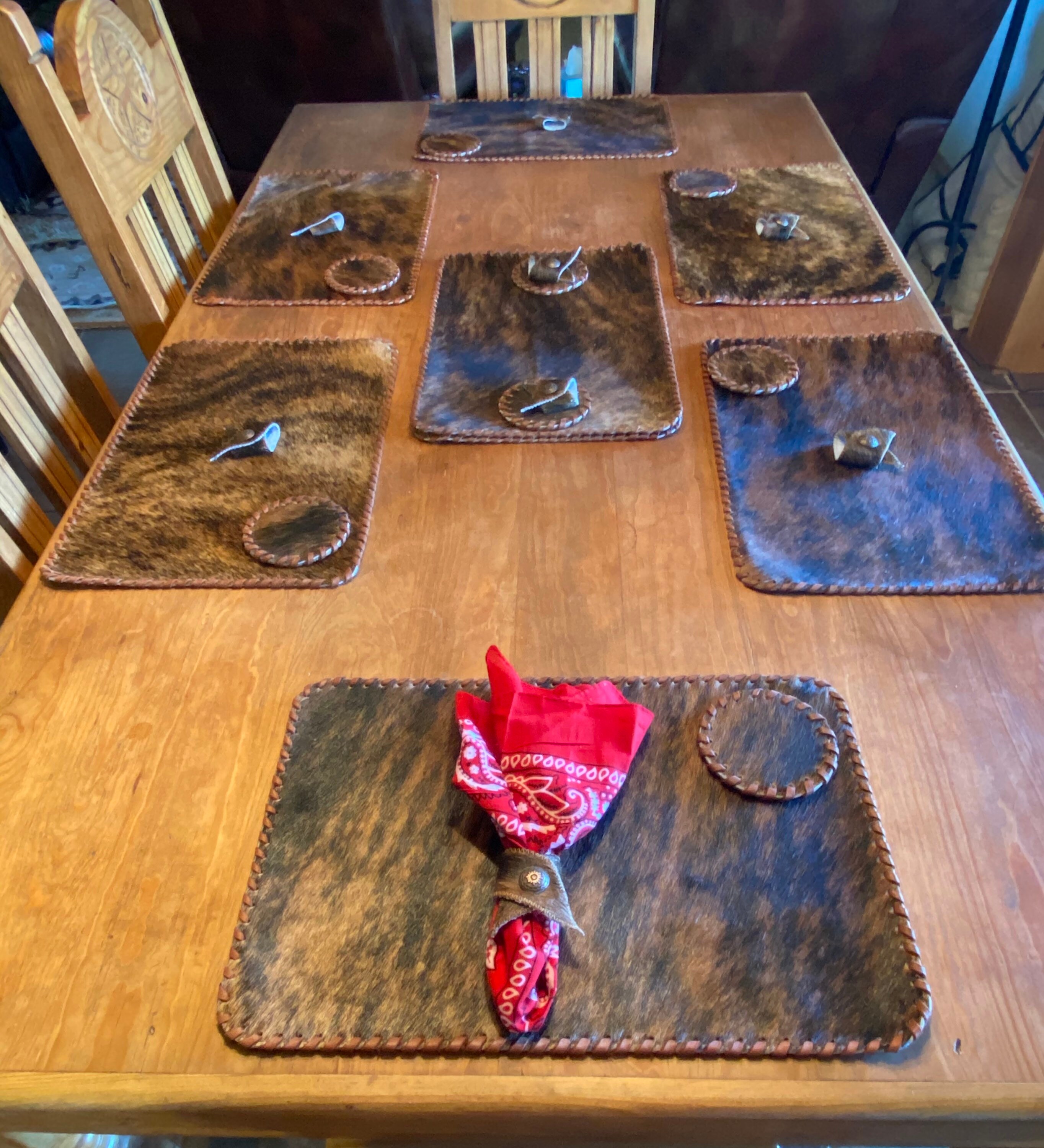 Cowhide Placemat, Coaster and Napkin Ring Set