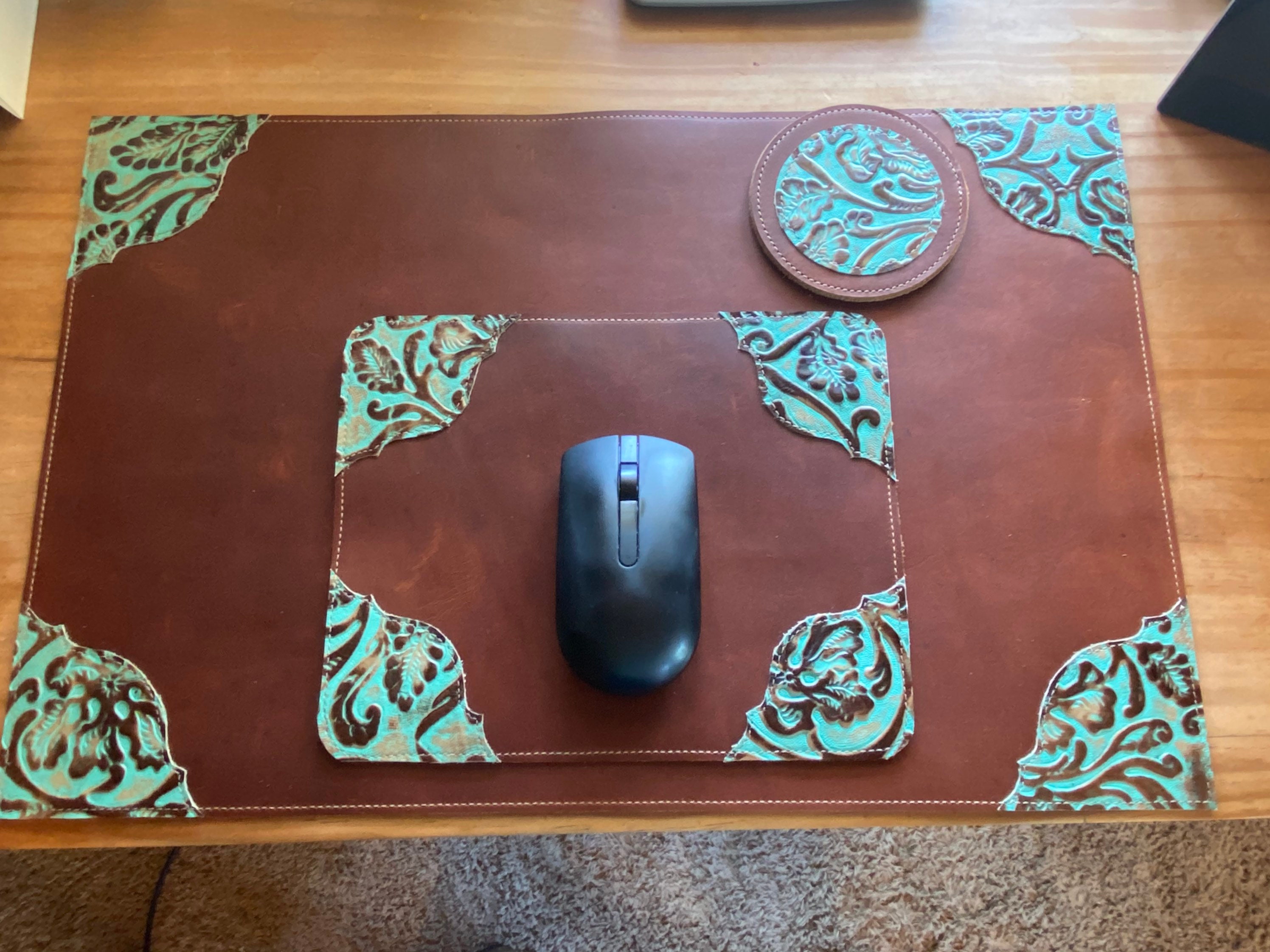 Leather Desk Mat with Mouse Pad and Coaster Set