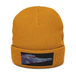 Beanie - Crocodile Embroidery Ribbed Knit Beanie | Croc Patch Beanie.  One of a Kind Original Design