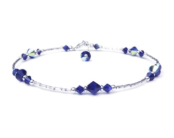 Sapphire Birthstone Anklet, September Birthstone Jewelry Handmade Silver Blue Crystal Beaded Ankle Bracelet Sm & Plus Size Anklets for Women