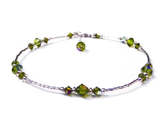 Tobillera con piedra de nacimiento de peridoto, joyería con piedra de nacimiento de agosto hecha a mano, pulsera de tobillo con cuentas de cristal verde plateado, tobilleras de talla pequeña y grande para mujer