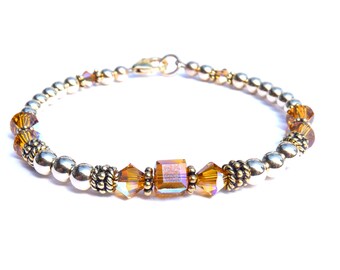 Yellow Topaz Beaded Bracelet with Crystals, November Birthstone Scorpio Zodiac Girls Handmade Birthday Gift Ladies Sm to Plus Size