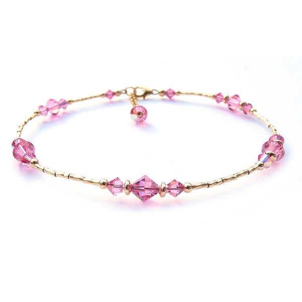 Tourmaline Birthstone Anklet, October Birthstone Jewelry Handmade Gold Filled Pink Beaded Ankle Bracelet Sm & Plus Size Anklets for Women