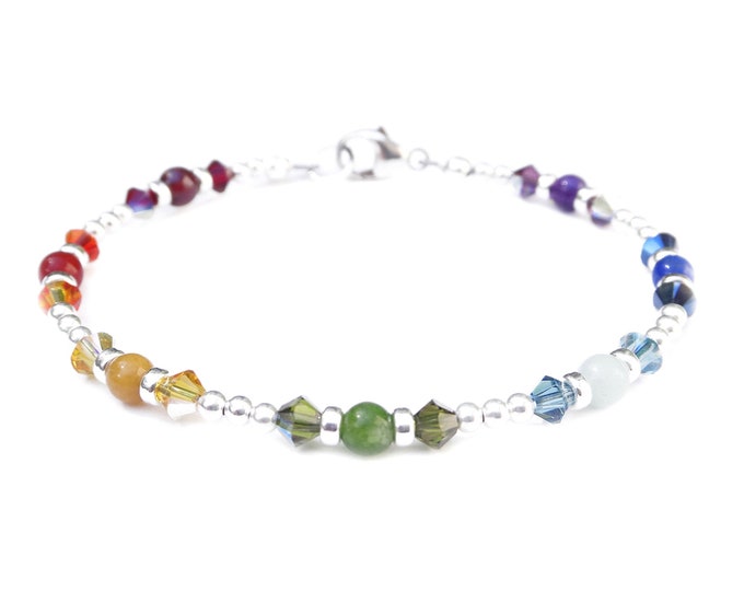 Sterling 7 Chakra Bracelet Dainty Natural Gemstone Healing Crystals, Mindfulness Gift, Anxiety Stress