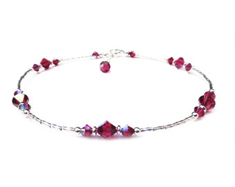 Ruby Birthstone Anklet, July Birthstone Jewelry Handmade Silver Red Crystal Beaded Ankle Bracelet Sm & Plus Size Anklets for Women