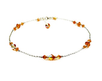 Tobillera con piedra de nacimiento de topacio, joyería de piedra de nacimiento de noviembre, pulsera de tobillo con cuentas de cristal amarillo plateado hecho a mano, tobilleras de talla grande y Sm para mujer