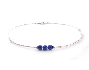 Lapis Lazuli Birthstone Anklet, December Birthstone Jewelry Handmade Silver Blue Crystal Beaded Ankle Bracelet Sm & Plus Size Anklets Women