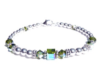 Peridot Beaded Bracelet with Crystals, August Birthstone Leo Zodiac Girls Handmade Birthday Gift Ladies Sm to Plus Size