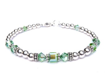 Peridot Beaded Bracelet with Crystals, August Birthstone Leo Zodiac Girls Handmade Birthday Gift Ladies Sm to Plus Size
