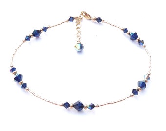 Sapphire Birthstone Anklet, September Birthstone Jewelry Handmade Gold Filled Crystal Beaded Ankle Bracelet Sm & Plus Size Anklets for Women