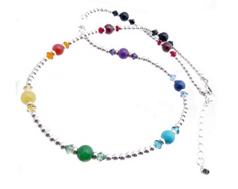 Silver 7 Chakra Necklace, Real Stones, Natural Gemstone Healing Crystals, Mindfulness Gifts, Balancing Aura Energy, Anxiety, Stress