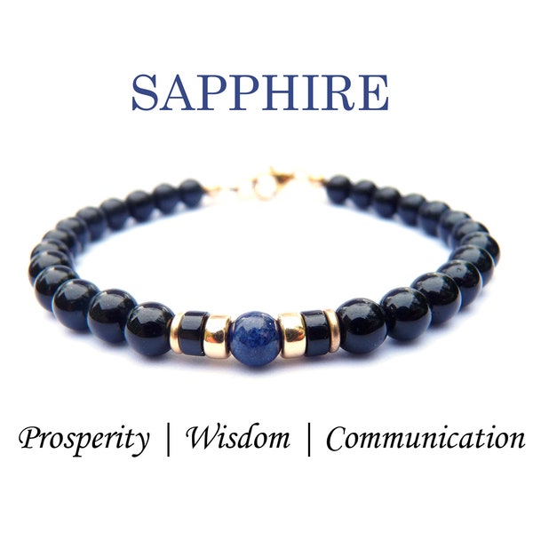 Mens Sapphire Bracelet, September Birthstone Jewelry, 6MM Handmade Black Onyx Custom Gemstone Beaded Bracelet Virgo Zodiac Stone