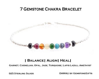 Authentic 7 Stone Chakra Bracelet, Sterling Silver, Real Gemstones, Stress Anxiety Genuine Healing Crystals Bracelets for Women