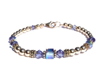 Tanzanite Beaded Bracelet, December Birthstone Jewelry, 14K Gold Filled Austrian Crystal Bracelet, Adjustable Petite to Plus Size for Women