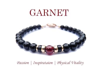 Mens Garnet Bracelet, January Birthstone Jewelry, 6MM Handmade Black Onyx Custom Gemstone Beaded Bracelet Capricorn Zodiac Stone