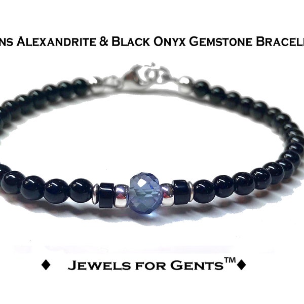 Mens Alexandrite Bracelet, June Birthstone Jewelry, Handmade Black Onyx Custom Gemstone Beaded Bracelet Gemini & Cancer Zodiac