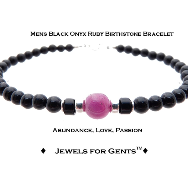 Red Ruby Bracelet, Mens Beaded Bracelet, Boyfriend Gift, July Birthstone, Husband Gift, Matching Couples Bracelet, Black Onyx Cancer Zodiac