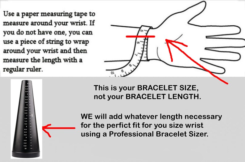 Puede incluir: Imagen que muestra c&oacute;mo medir el tama&ntilde;o de la mu&ntilde;eca para pulseras. Incluye un diagrama de una mano con una cinta m&eacute;trica y un calibrador de pulsera negro. El texto explica c&oacute;mo medir y que el tama&ntilde;o no es la longitud de la pulsera.