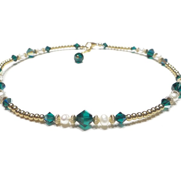 Emerald Anklet, May Birthstone Jewelry Handmade Gold Filled Green Gemstone Beaded Ankle Bracelet Sm & Plus Size Anklets for Women