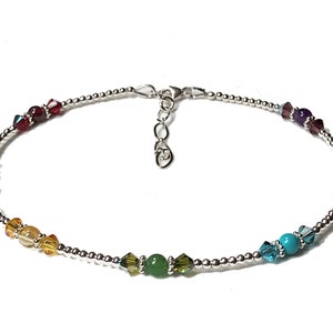 7 Chakra Anklet Gemstone Healing Crystals Mindfulness Gift Anxiety Dainty Bracelet Sterling Silver Sm to Plus Size Anklets for Women