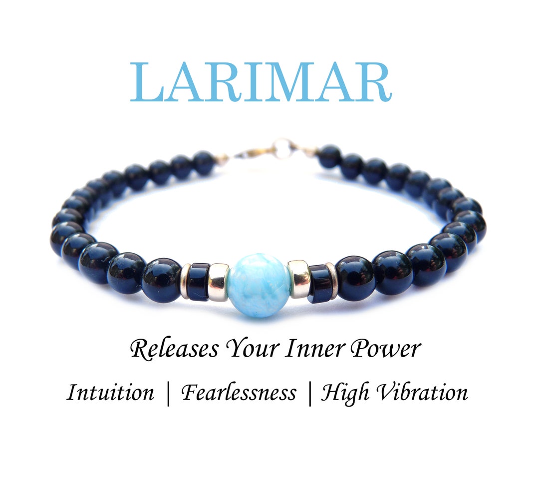 Mens Larimar Bracelet, February Birthstone Jewelry, 6MM Handmade Black