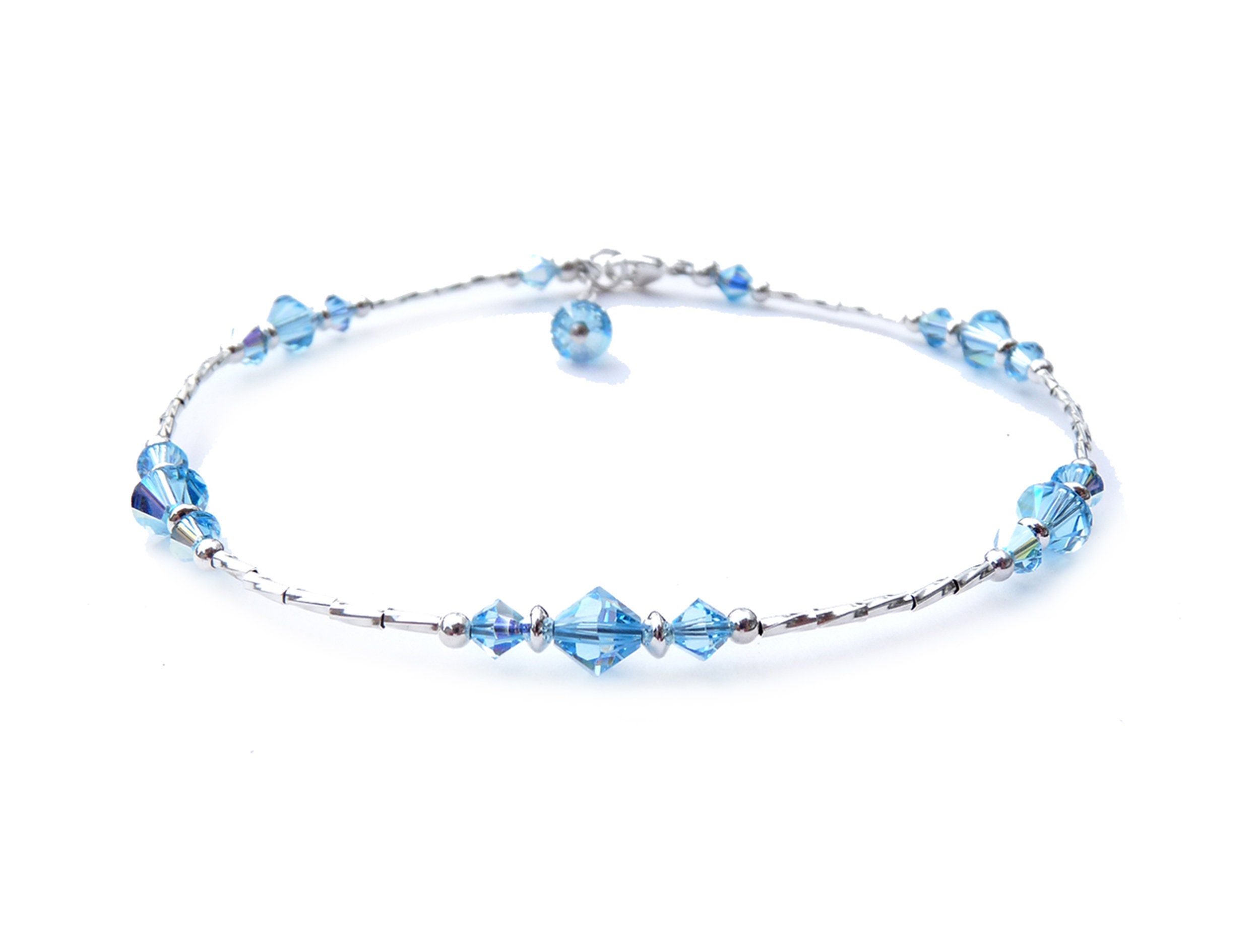 Aquamarine Crystal Anklets Bracelets Birthstone Beaded Blue March Ankle Bracelets 925 Sterling Silver Austrian Crystal Beads Anklet
