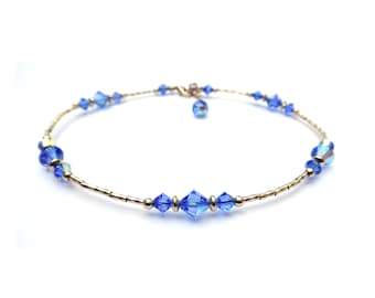 Sapphire Birthstone Anklet, September Birthstone Jewelry Handmade Silver Blue Crystal Beaded Ankle Bracelet Sm & Plus Size Anklets for Women