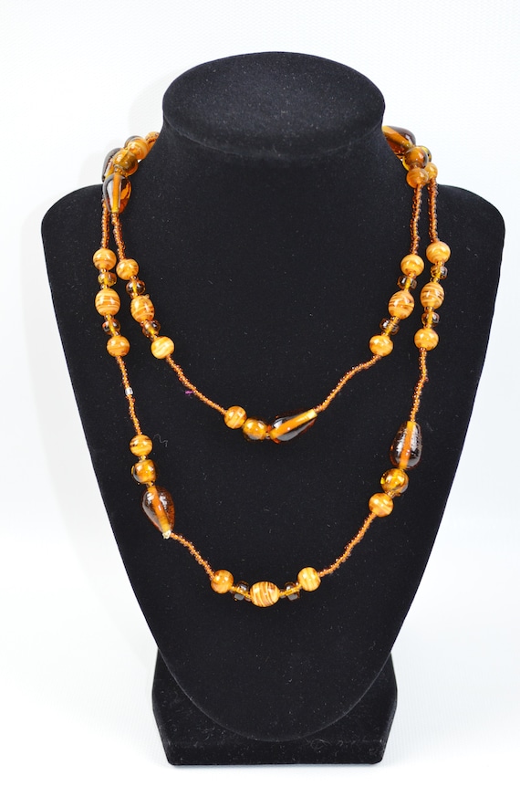 Vintage Glass Bead Necklace Amber Colored Beads 34