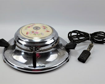 Antique Kromemaster Electric Waffle Maker Floral Porcelain Top Art Deco Handles 11.5" Across