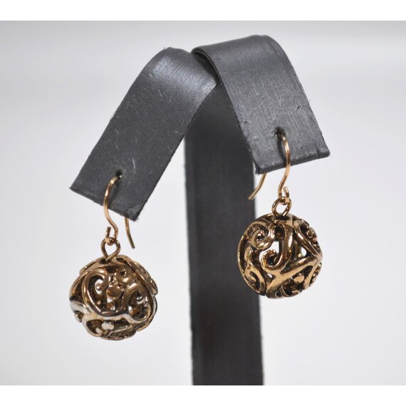 Vintage Gold Tone Hook Pierced Earrings Round Sphere Cutout Design 1" Dangle