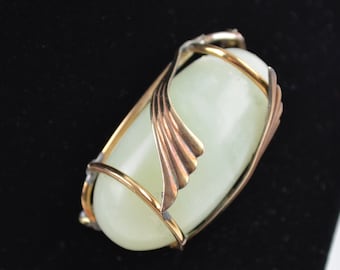 Vintage Gold-Tone Pendant Pin Brooch with Jade Colored Oval Polished Stone 1.5&quot;