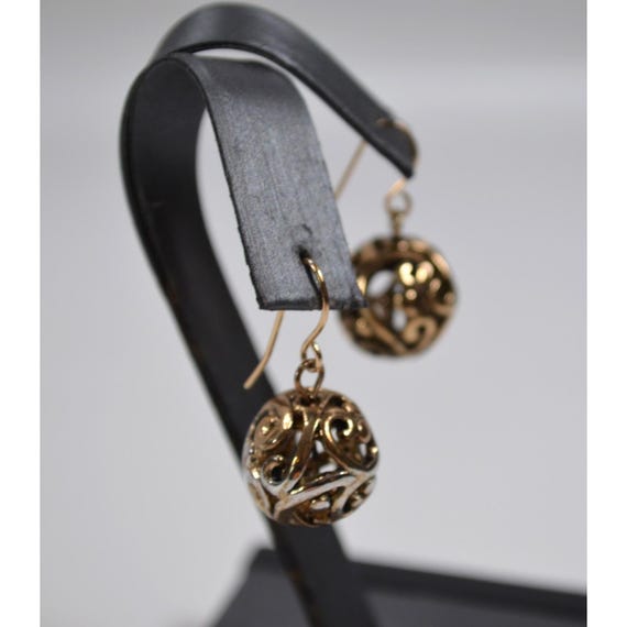 Vintage Gold Tone Hook Pierced Earrings Round Sphere Cutout Design 1" Dangle View 2