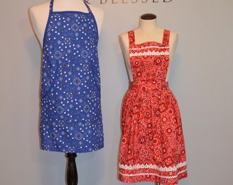 Handmade Men and Woman&#39;s Apron Red and Blue Bandana